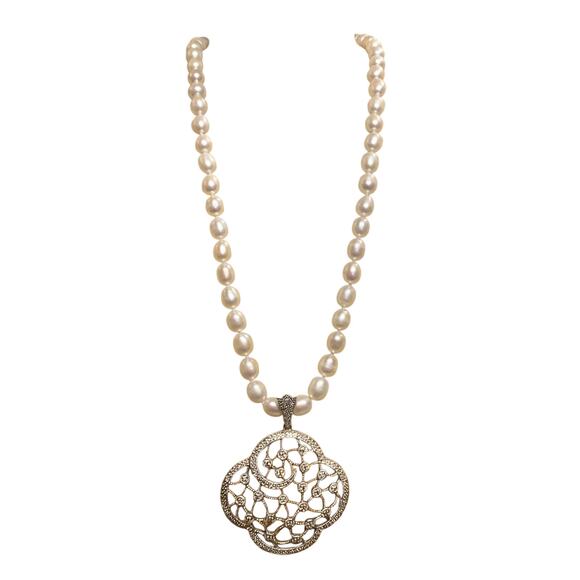 Sterling Silver & Freshwater Pearl Necklace w/ Removable Sterling & Zircon Pend. - Picture 3 of 12